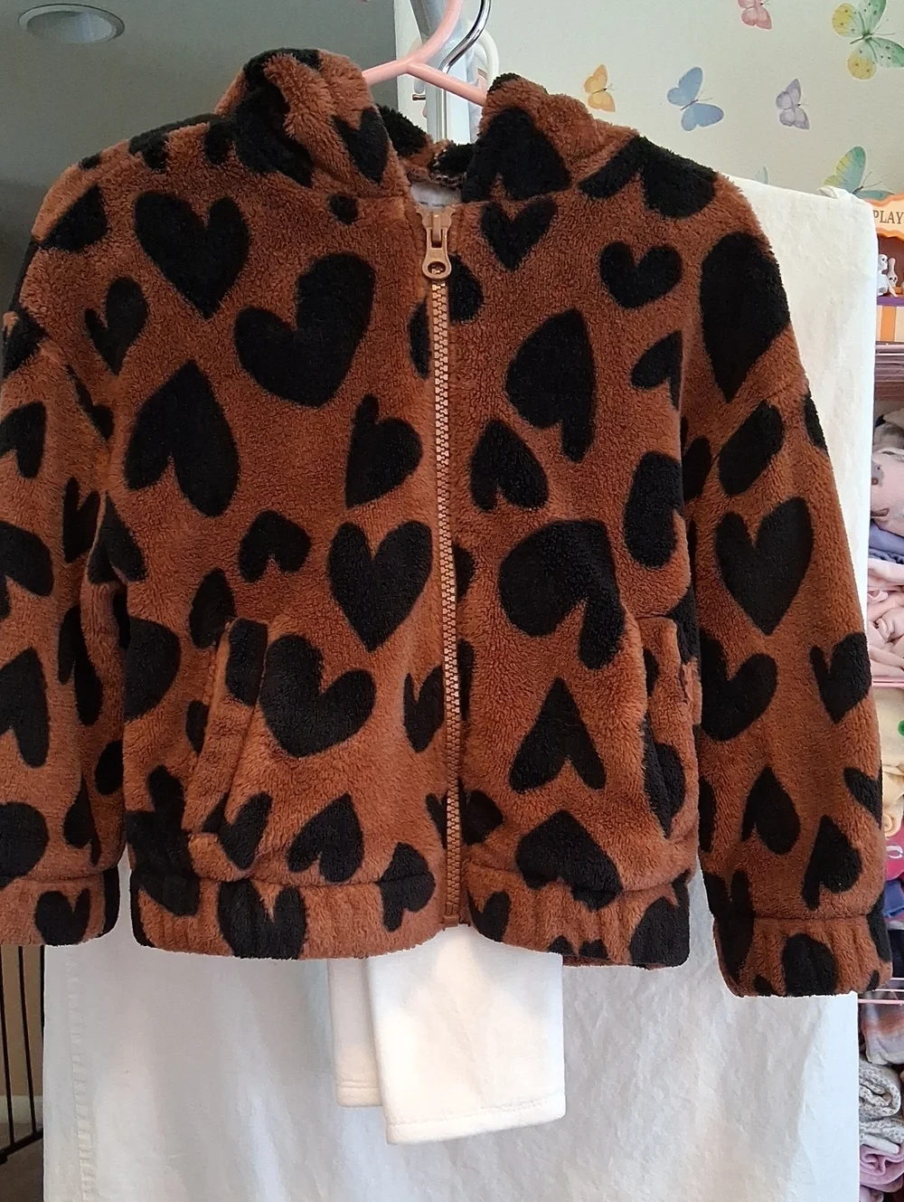 Carter's Brown Fuzzy Hooded Jacket with Black Heart Print Included Cream Legging